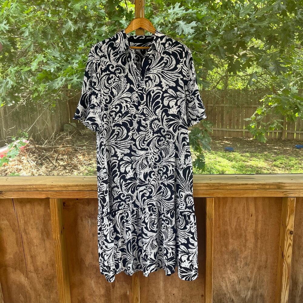 Chico's Navy and White Midi Dress with Swirl Print